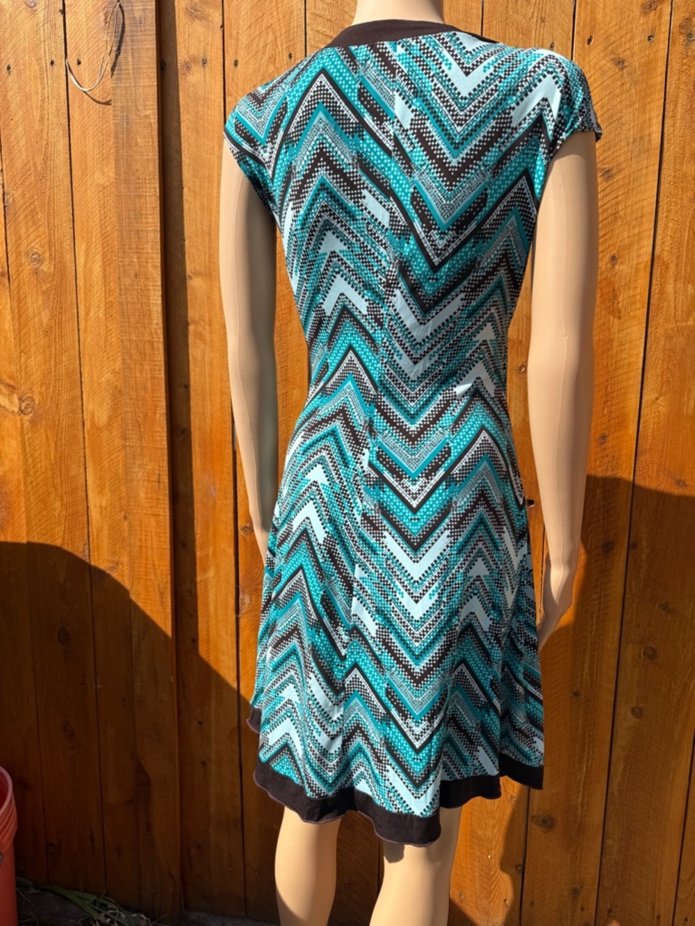 La Belle Turquoise Chevron Faux Wrap Asymmetrical Dress with Brown Trim - Large - Picture 2 of 13